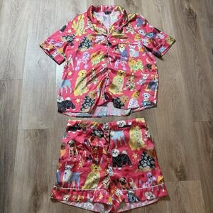 Karen Mabon‎ Pink Apres Ski Glammed Skiers Pajama Set Top Shorts M Satin